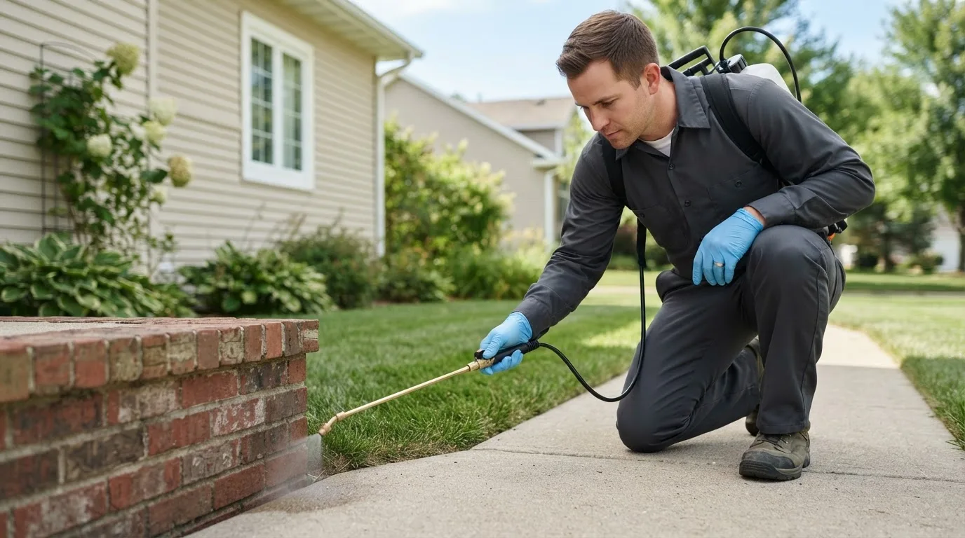 Pest control technician treating a home near Francestown, NH
